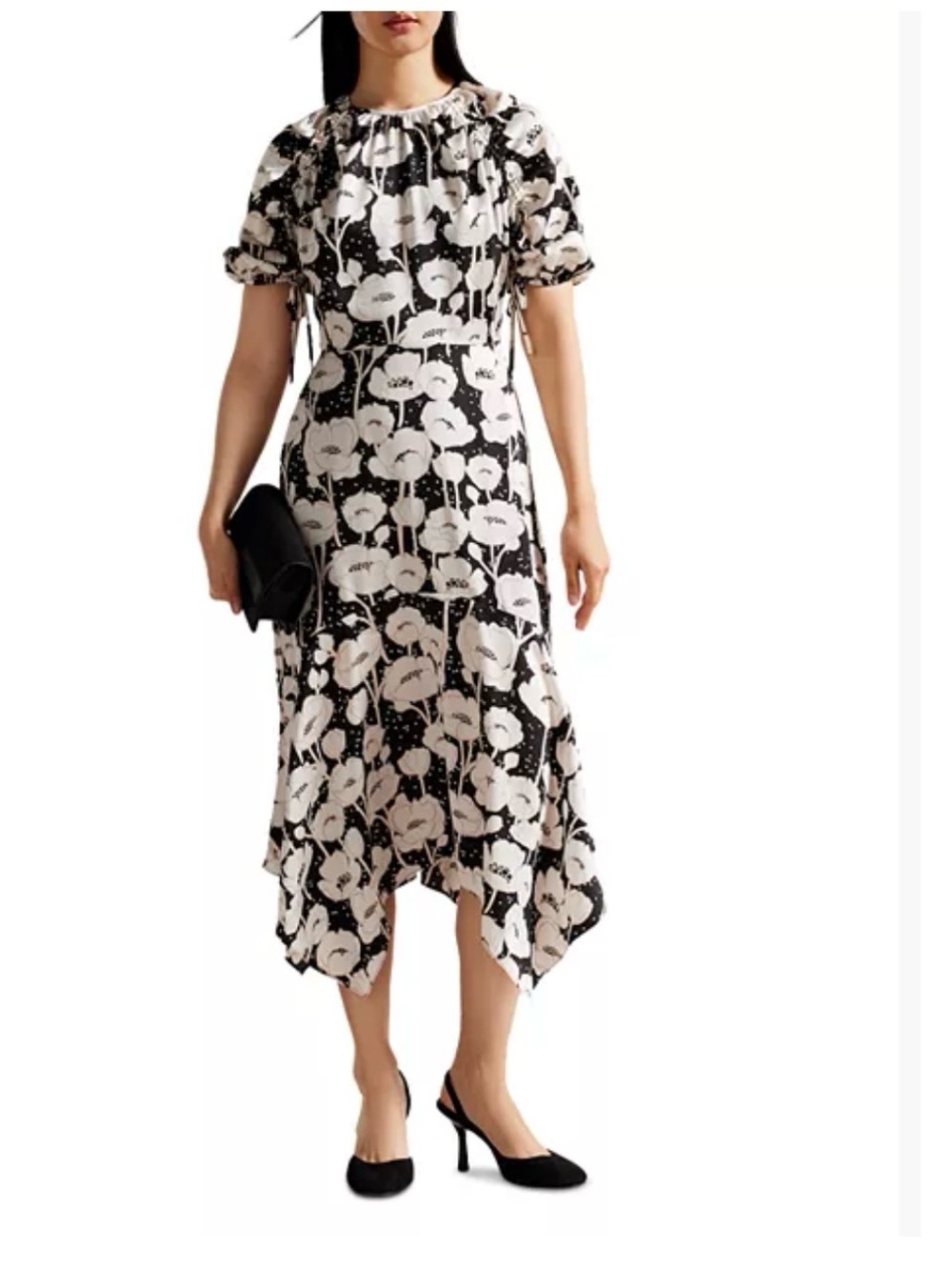 Ted Baker Abriee Puff Sleeve Black & White Floral High-Low Midi Dress